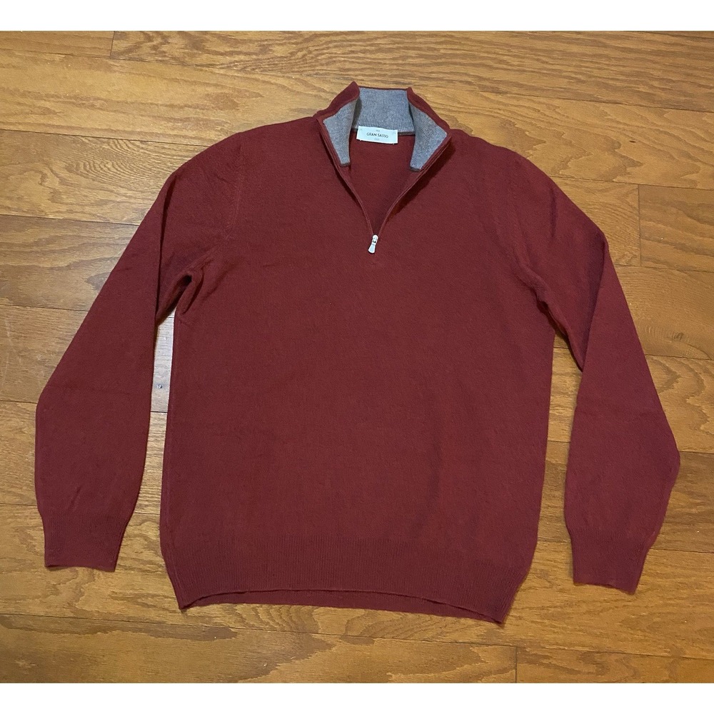 Gran Sasso‎ 1/4 Sweater Mens L 50 Red Wool Cashmere Polo Collar Pullover Italy